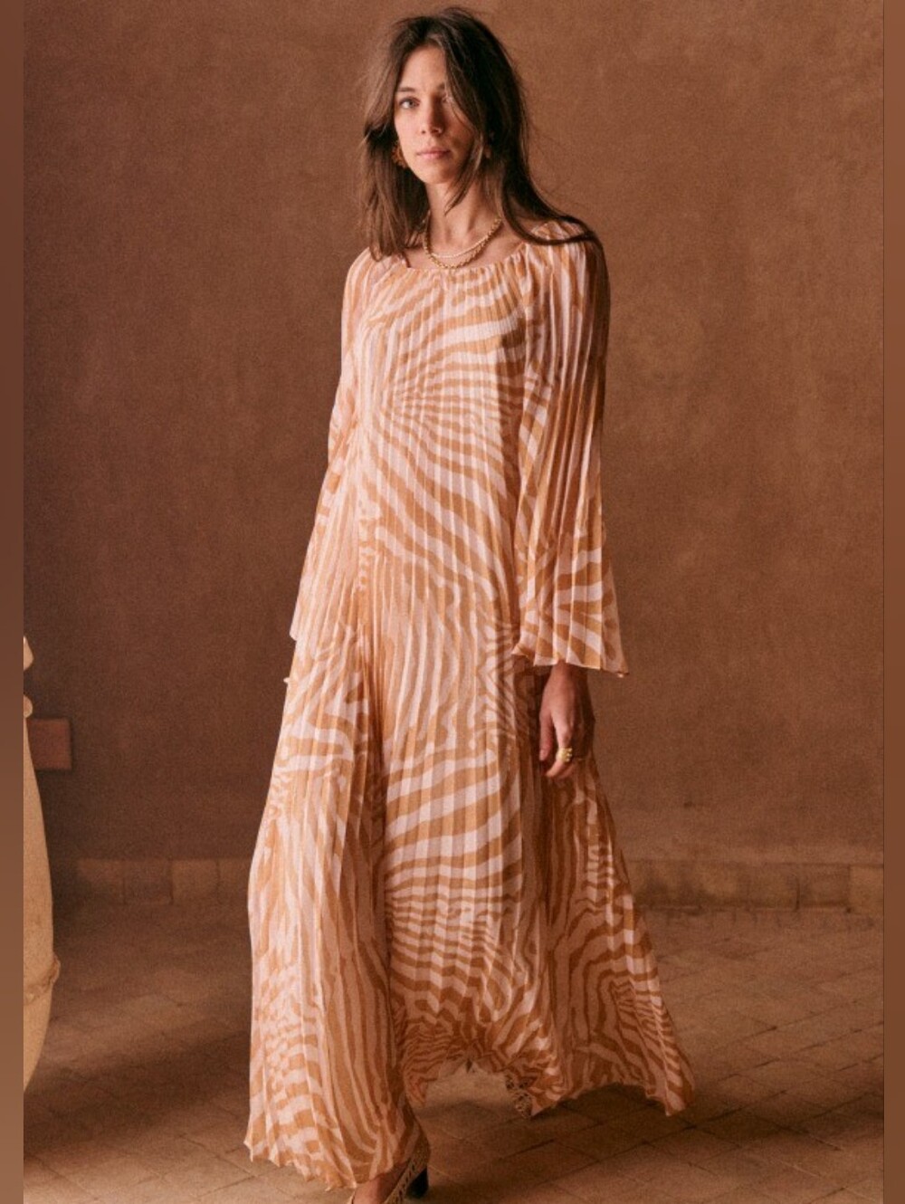Sézane Julietta LongSleeve Pleated Maxi Robe Dress In Zebra Sz 10 - Picture 4 of 11